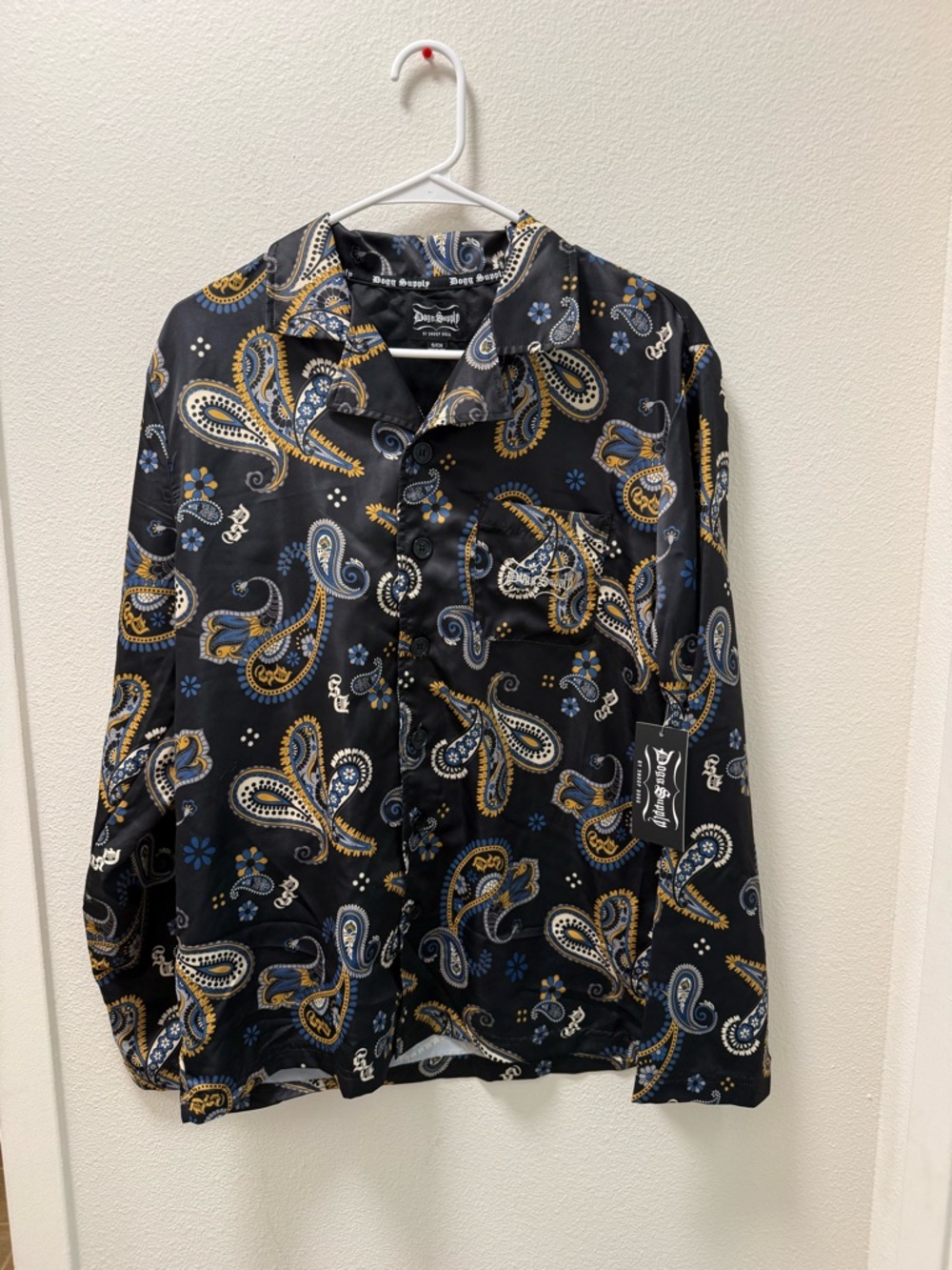 Black Paisley Button-Down PJ Shirt with Gold and Blue Accents - Devilish Label